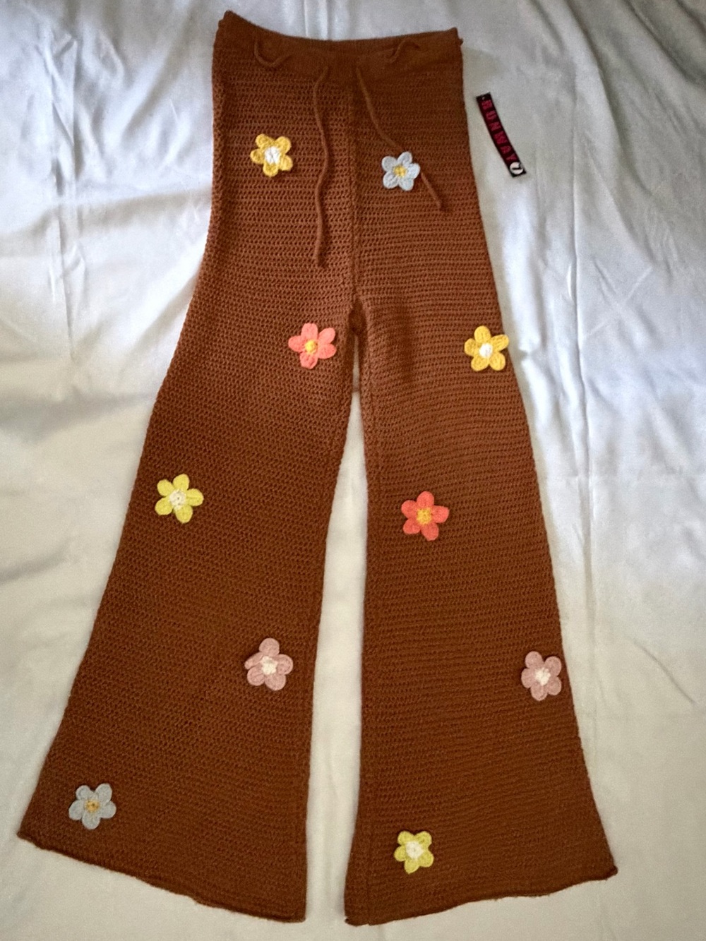 Brown Crochet Wide-Leg Pants with Flower Appliqués